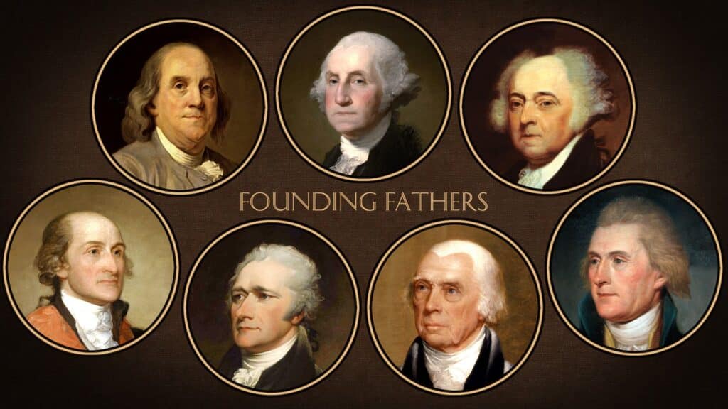 Grid of portrait paintings of America's Founding Fathers, including Washington, Franklin, and Jefferson.