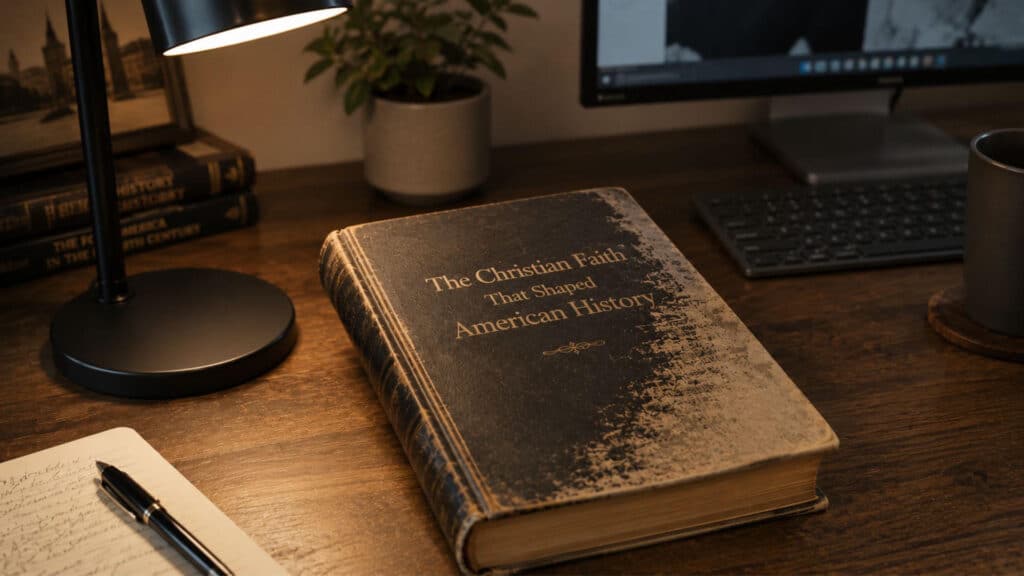Distressed book entitled "The Christian Faith That Shaped America's History" on a desk